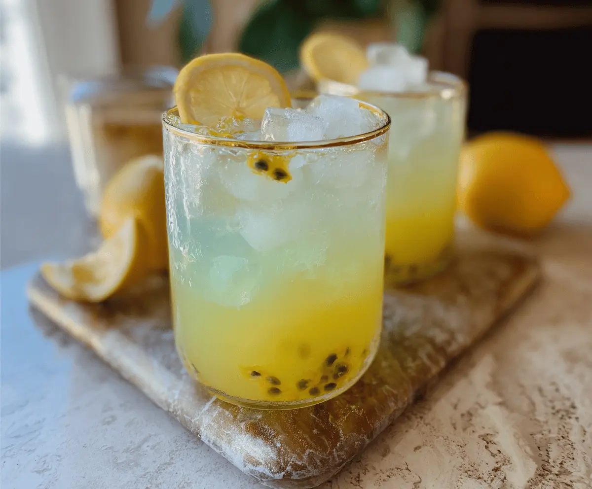 Refreshing Lilikoi Lemonade in a clear glass garnished with lemon slices and fresh mint.