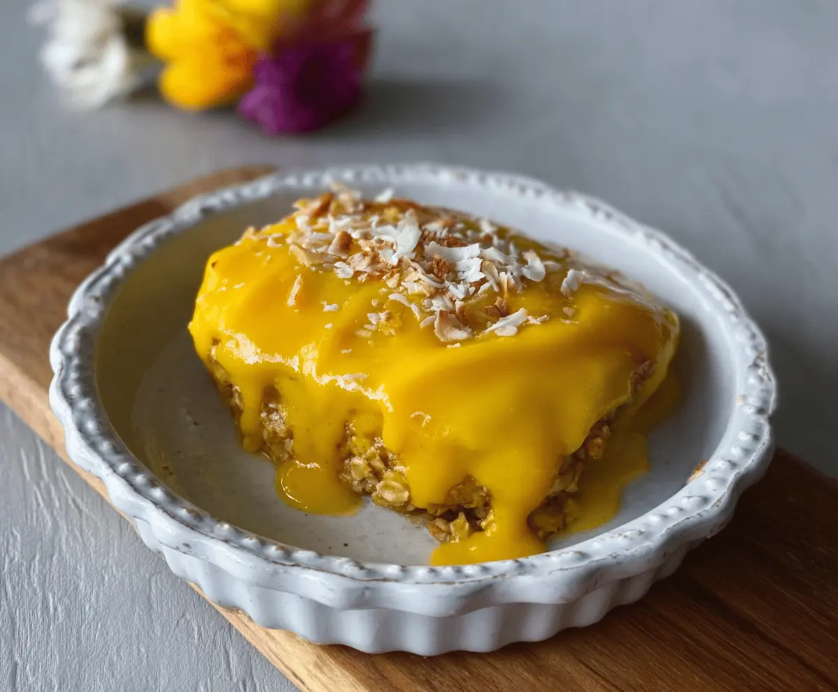 Delicious Mango Coconut Baked Oats topped with fresh mango slices and shredded coconut.