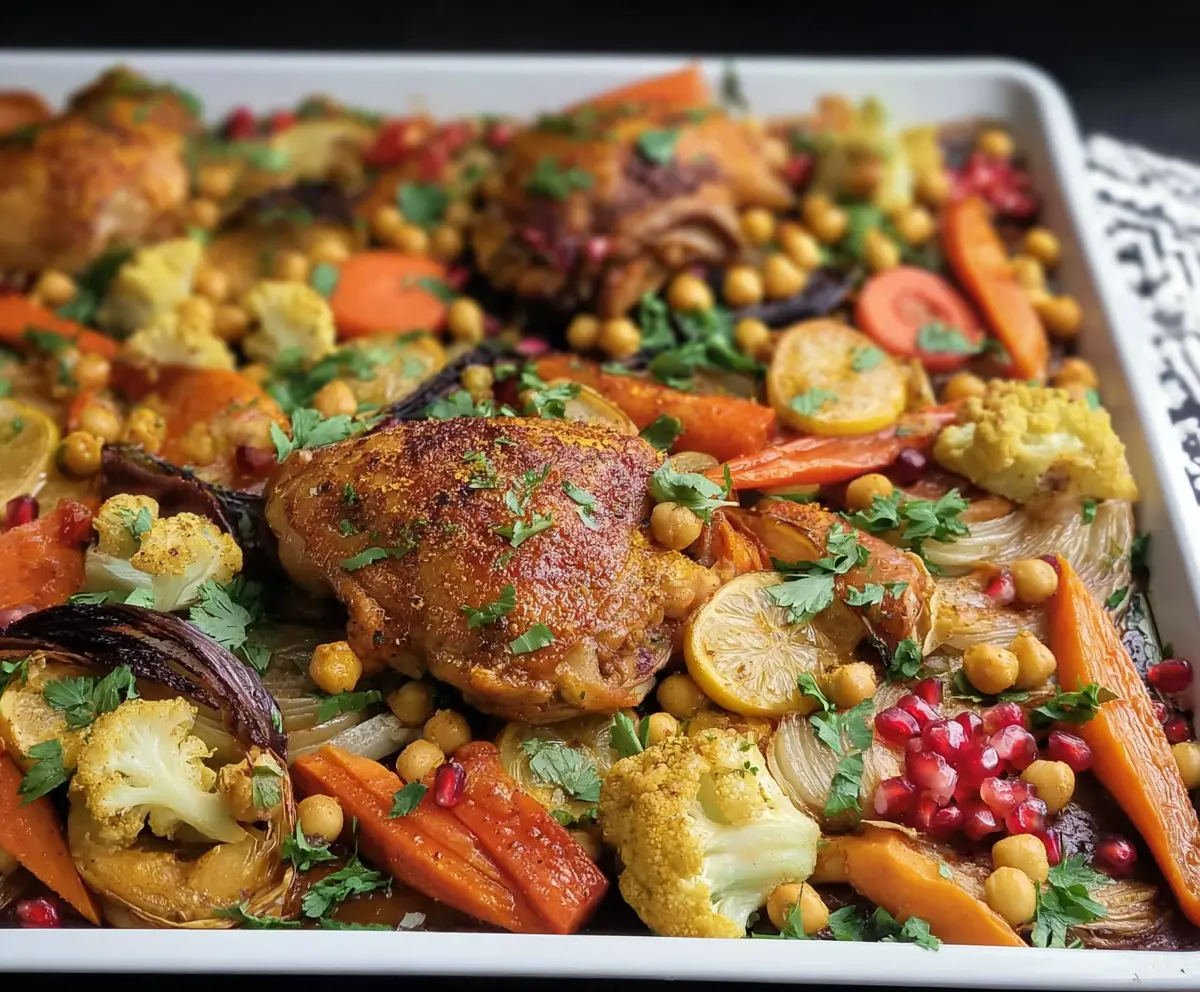 Delicious Moroccan Chicken Thigh Sheet Pan Dinner with spices and vegetables, baked to perfection.