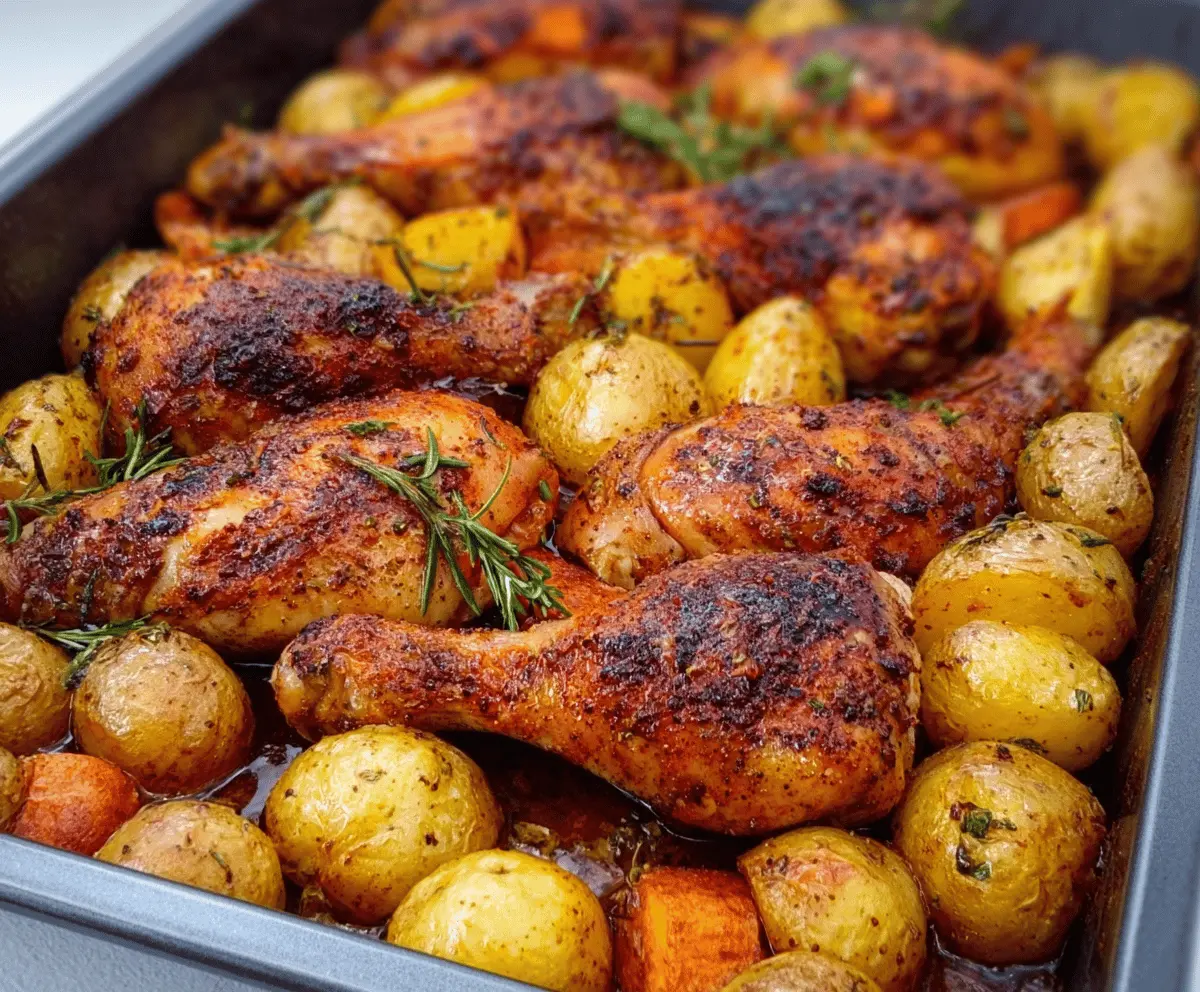 Delicious oven baked chicken legs served with crispy roasted potatoes on a white plate.