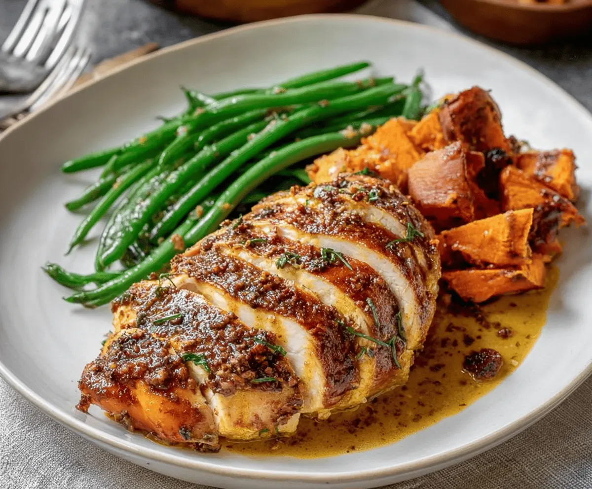Pan-Roasted Orange Mustard Turkey Breast with Sweet Potatoes and Green Beans
