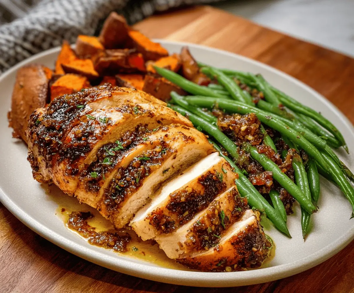 Delicious pan-roasted orange mustard turkey breast served with sweet potatoes and green beans, perfect for a healthy dinner.