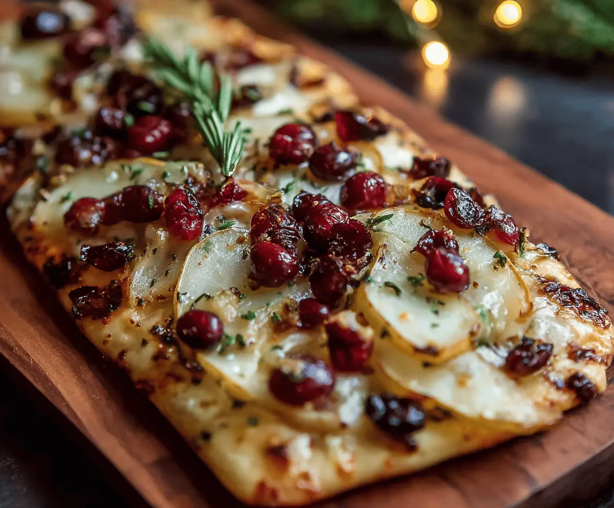 Delicious Pear, Brie, and Cranberry Flatbread topped with fresh ingredients and melted cheese.