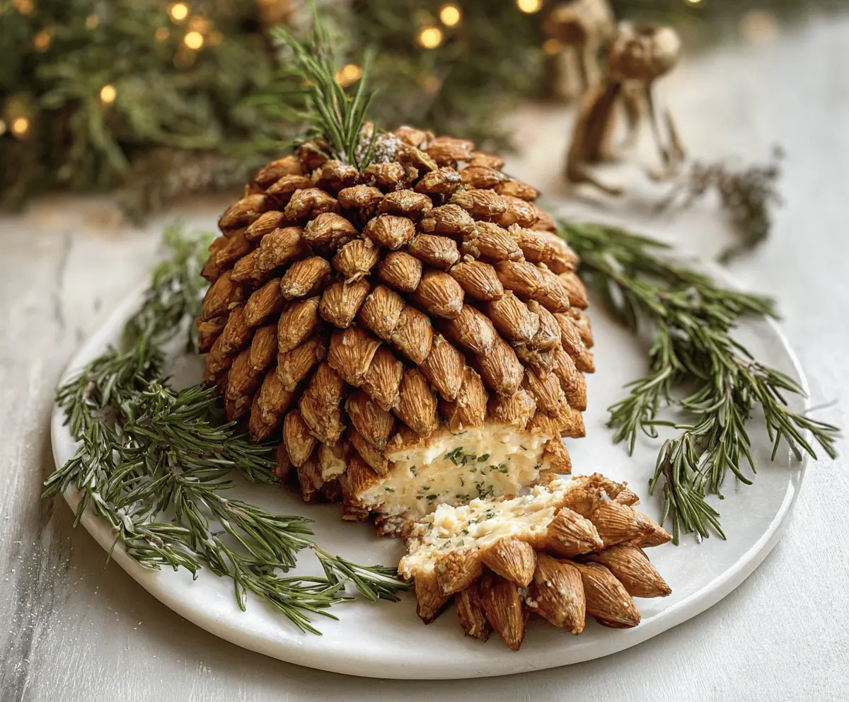 Delicious Pine Cone Cheese Ball appetizer garnished with herbs on a rustic wooden platter