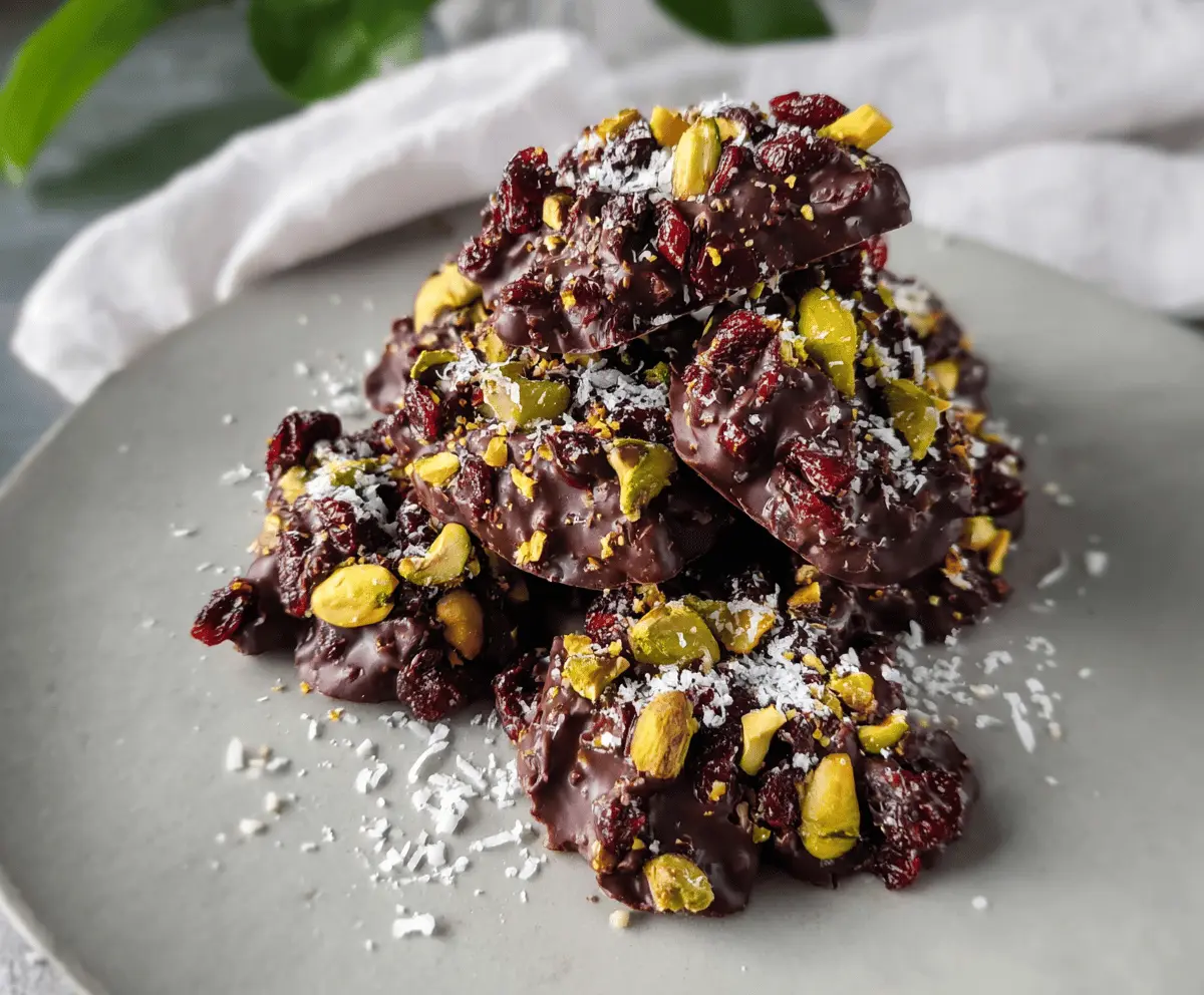 Delicious pistachio cranberry chocolate clusters topped with collagen for a healthy treat.