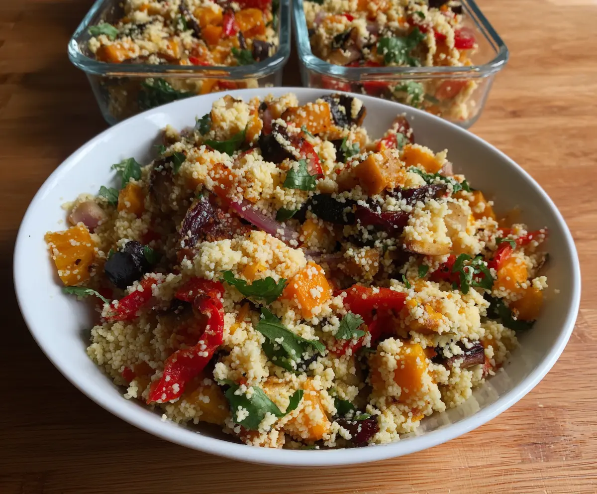 Colorful roast vegetable couscous salad with cherry tomatoes, bell peppers, and herbs served in a bowl.