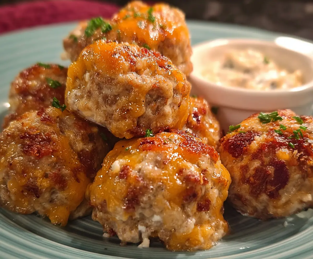Delicious sausage balls with melted cream cheese on a serving platter, perfect for appetizers.