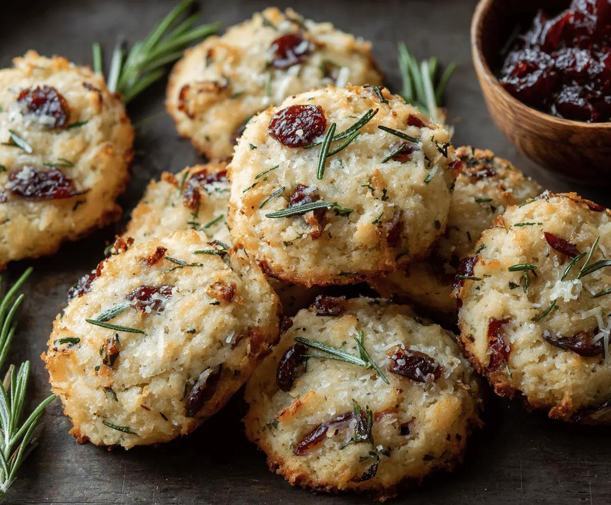 Savory Cranberry Rosemary Parmesan Cookies on a plate, showcasing a golden-crusted, festive appetizer.