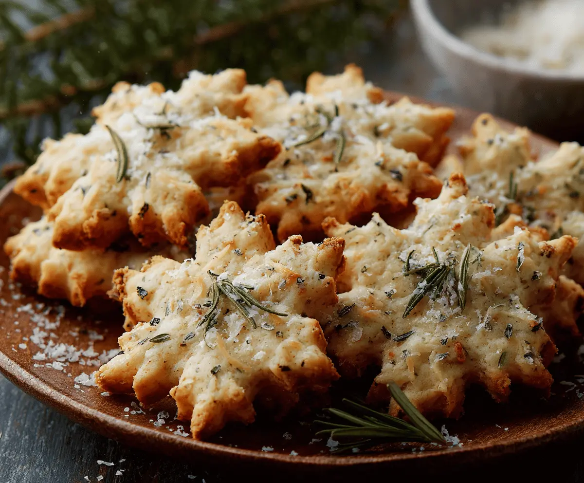 Delicious savory Rosemary-Parmesan Snowflake Cookies on a festive platter.
