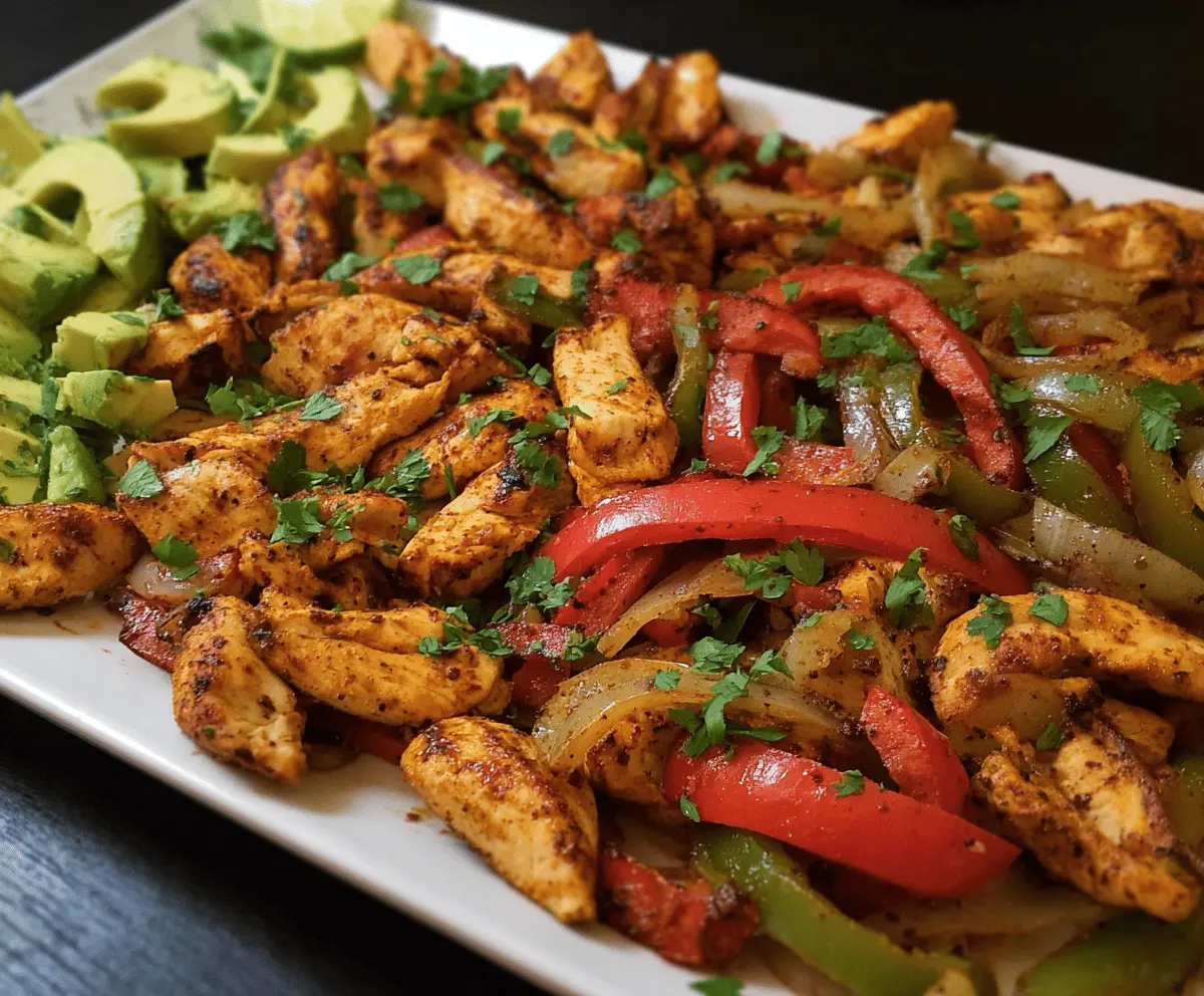 Colorful sheet pan chicken fajitas with sizzling peppers and onions, perfect for a quick dinner.