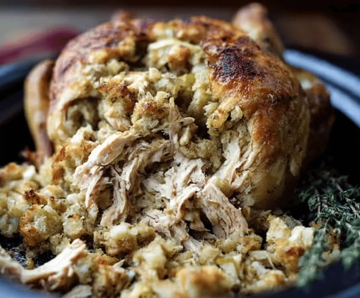 Delicious slow cooker whole chicken topped with golden stuffing, perfect for a comforting family dinner.