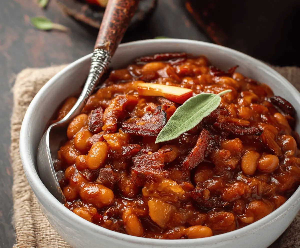 Smoky Bourbon Baked Beans with Apples and Bacon