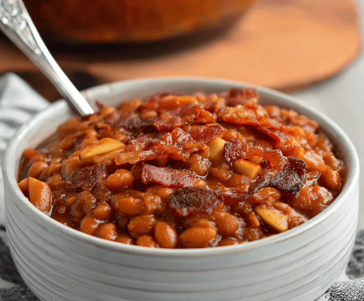 Delicious smoky bourbon baked beans with caramelized apples and crispy bacon served in a rustic bowl.