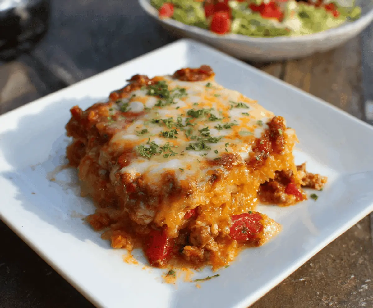 Delicious spaghetti squash lasagna casserole with melted cheese and fresh herbs