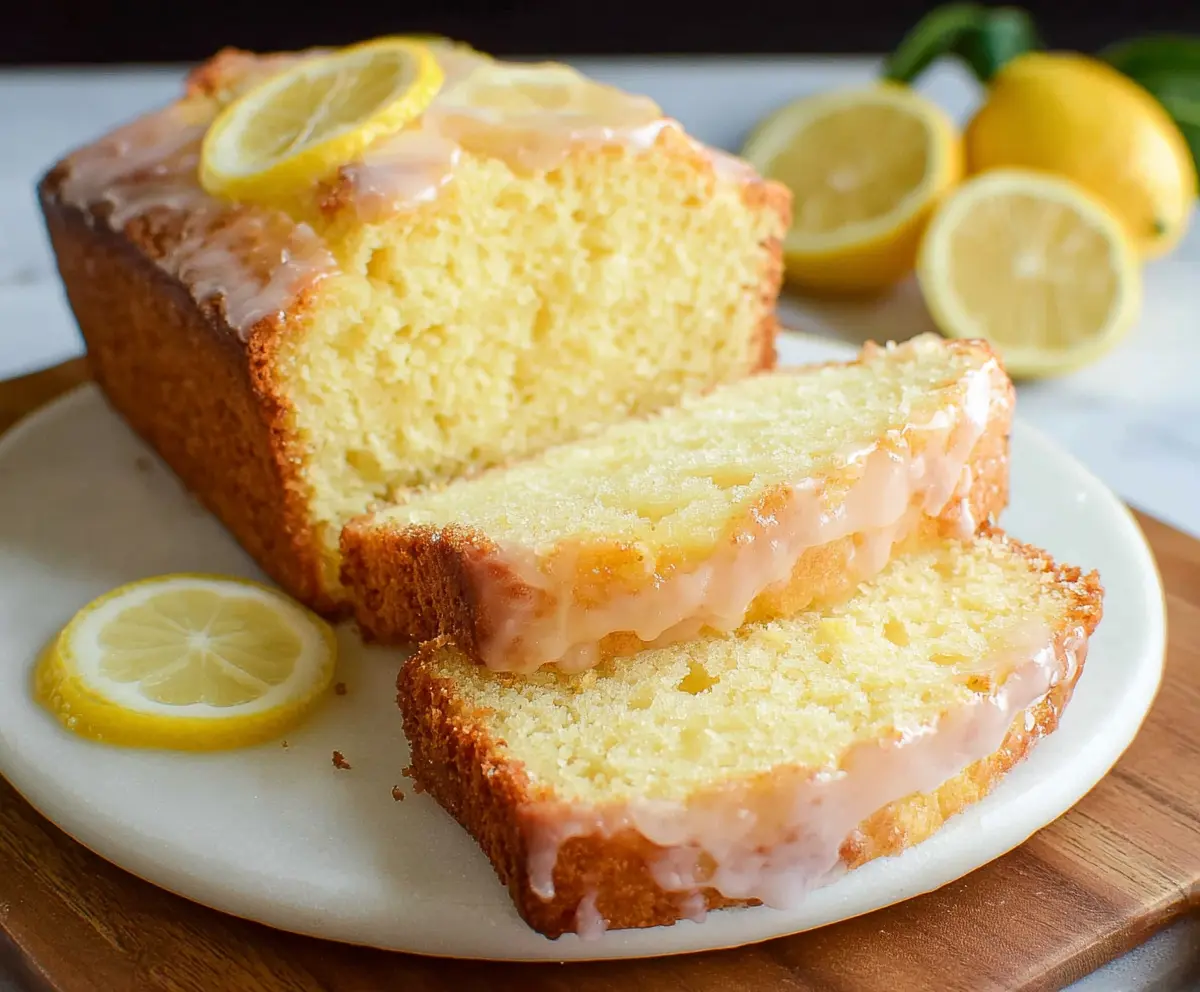 Homemade sweet lemon loaf cake with a golden crust and lemon glaze on a rustic wooden table.