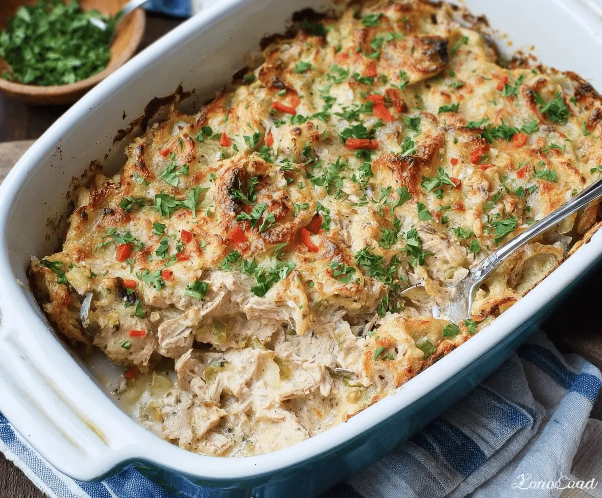 A delicious Tuna No-Noodle Casserole with tuna, zucchini noodles, and melted cheese in a baking dish.