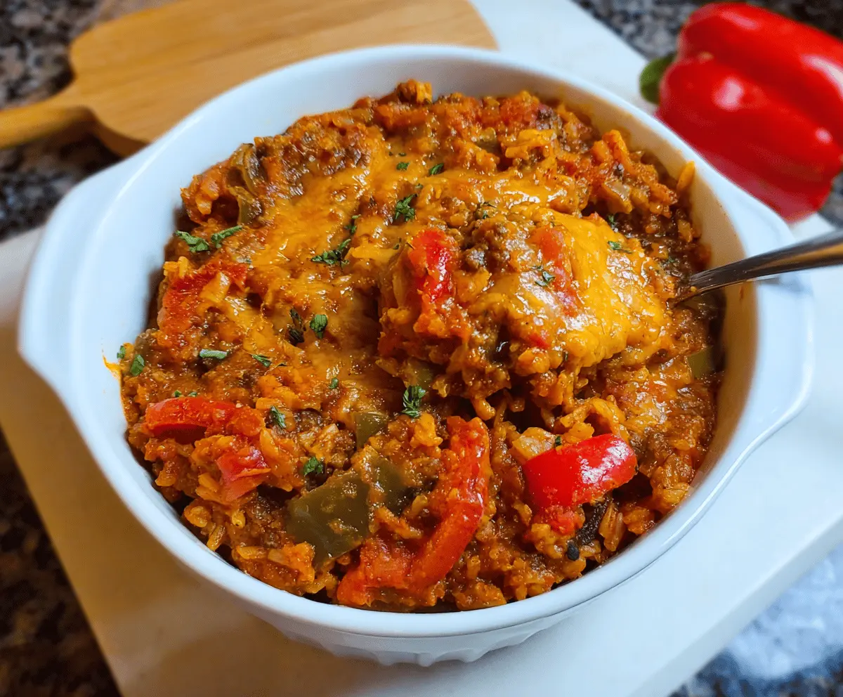 Delicious unstuffed pepper casserole with colorful bell peppers, beef, and melted cheese in a baking dish.