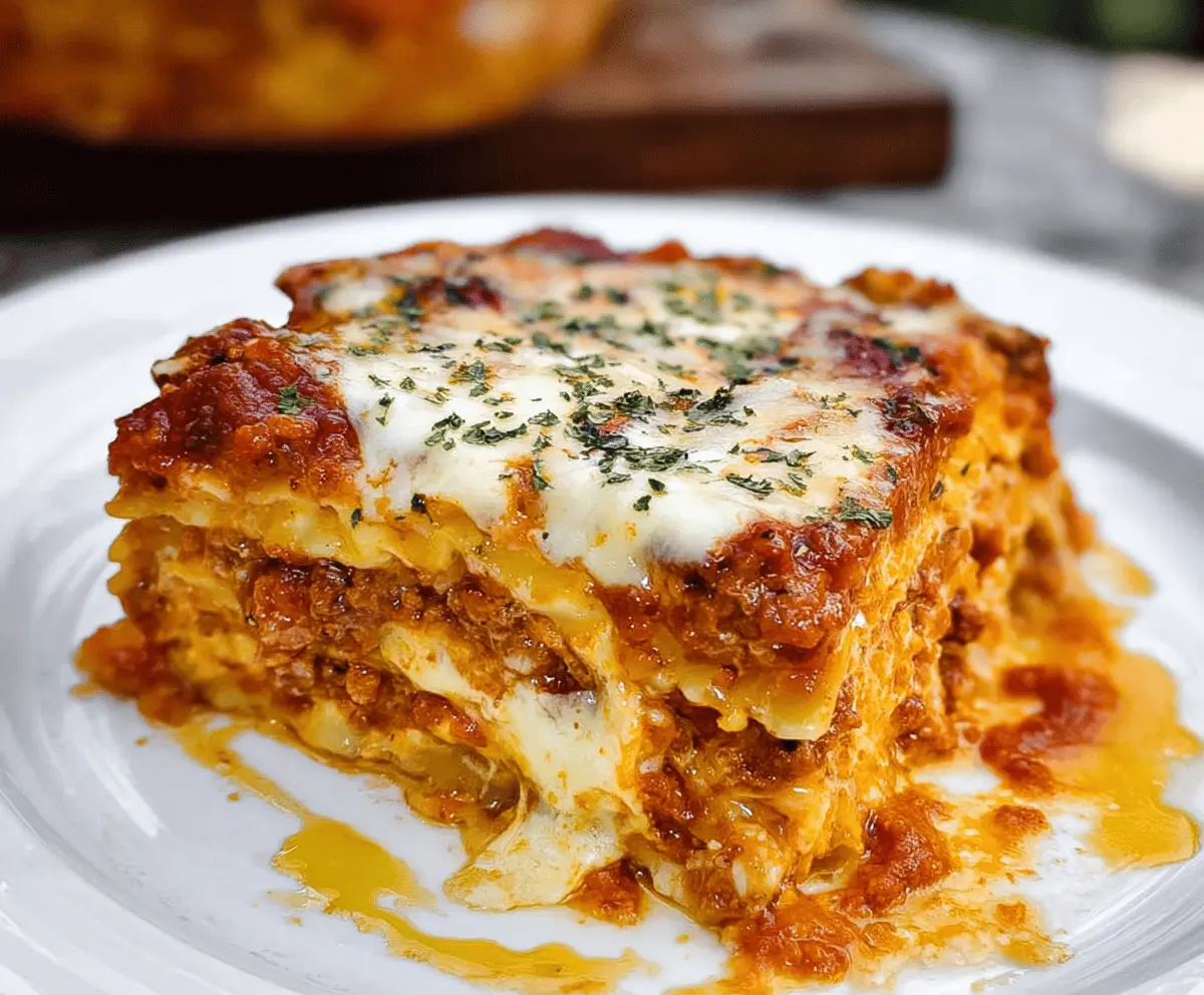 Delicious homemade World's Best Lasagna with layers of rich cheese and savory meat sauce.