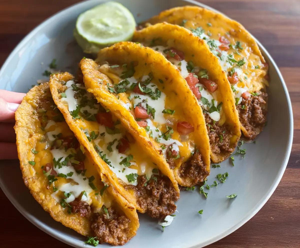 Delicious Cheesy Rotel Tacos topped with melted cheese and fresh toppings.