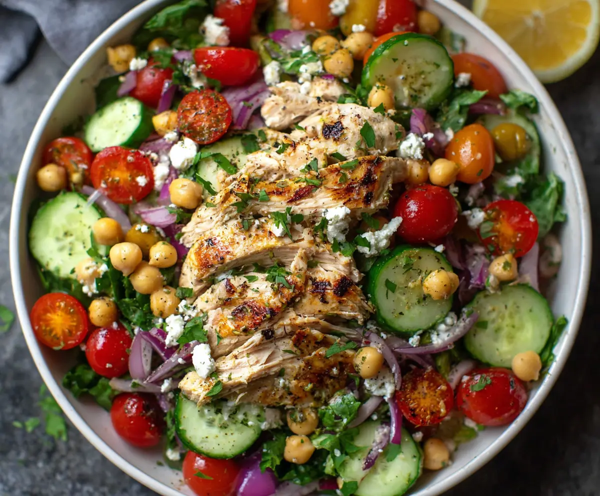 Healthy Chicken & Chickpea Power Salad with fresh vegetables and tangy dressing.