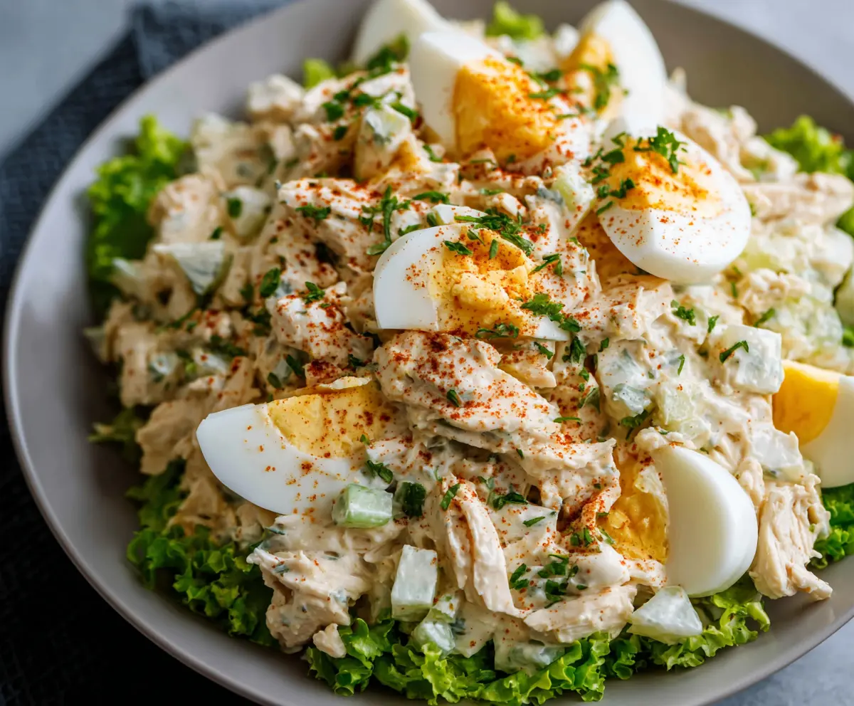Delicious classic high-protein chicken and egg salad served in a bowl with fresh greens.