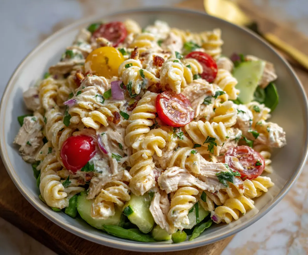 Creamy cottage cheese and chicken pasta salad served with fresh vegetables for a healthy meal.