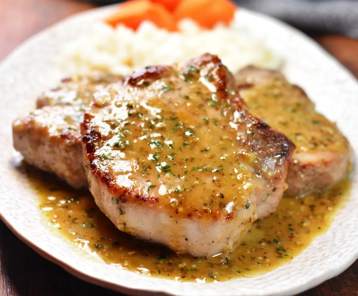 Juicy Crock Pot Ranch Pork Chops served with fresh herbs on a plate