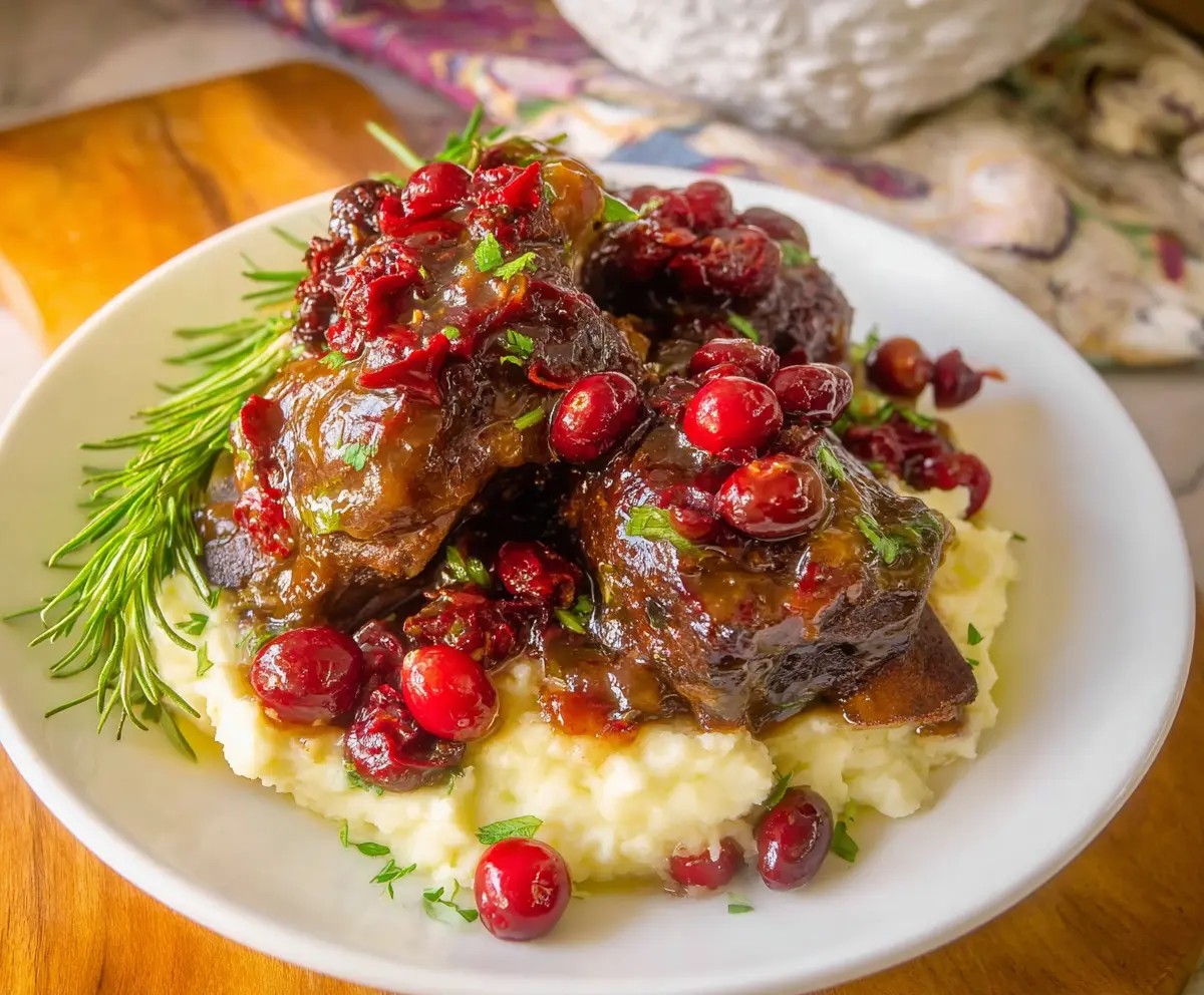 Delicious Crockpot Cranberry Beef Short Ribs served with fresh herbs and vibrant cranberry sauce.