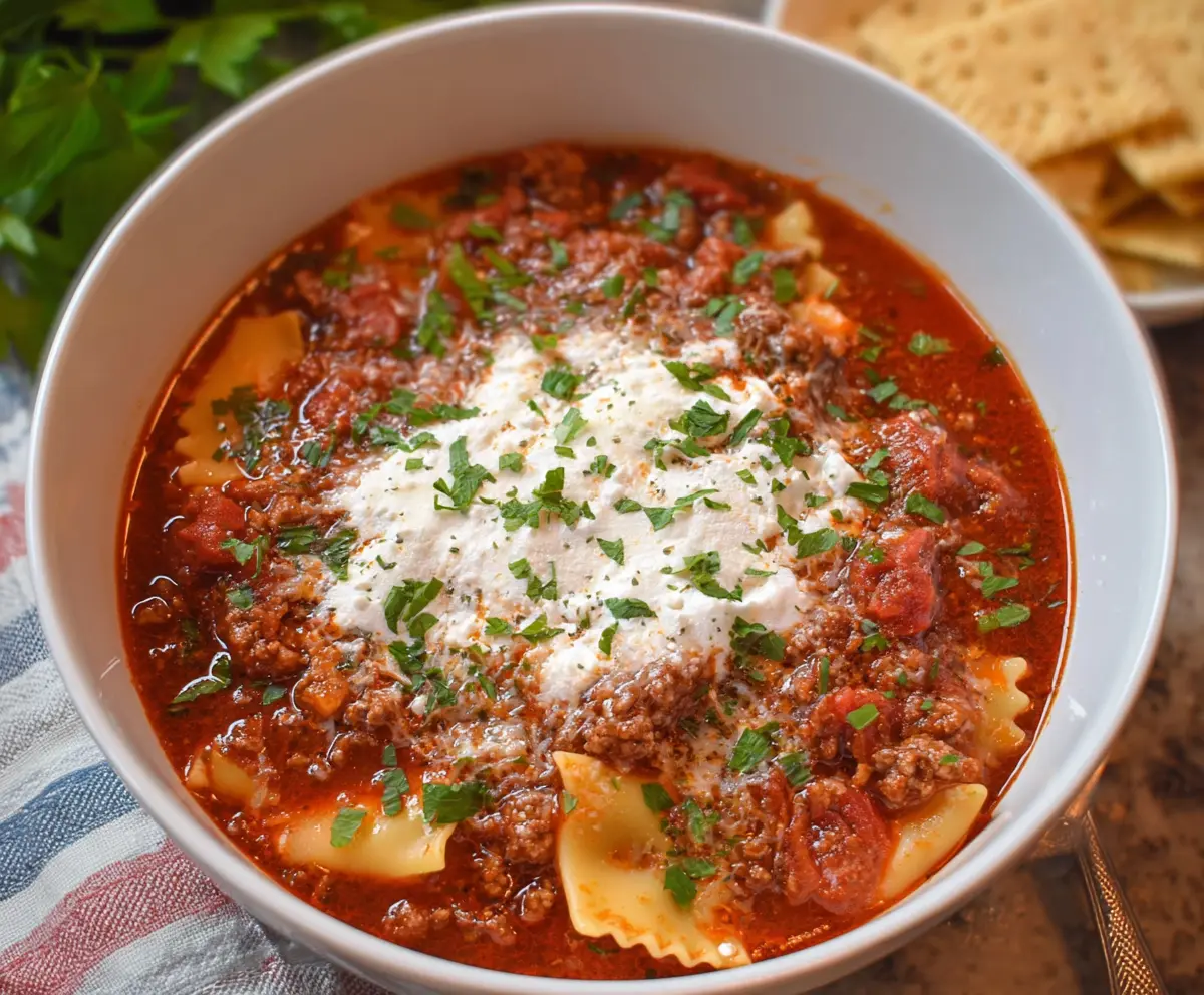 Hearty crockpot lasagna soup in a bowl with cheese and fresh herbs.