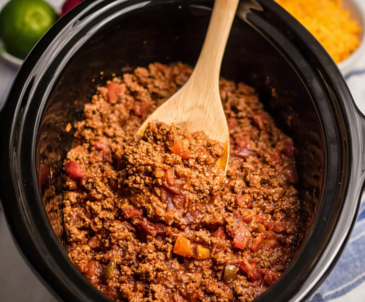 Delicious slow cooker taco meat with seasoned ground beef in a crockpot, perfect for tacos and Mexican dishes.