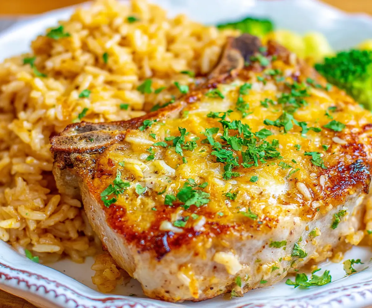 Savory pork chops served with a flavorful rice casserole on a dining table.