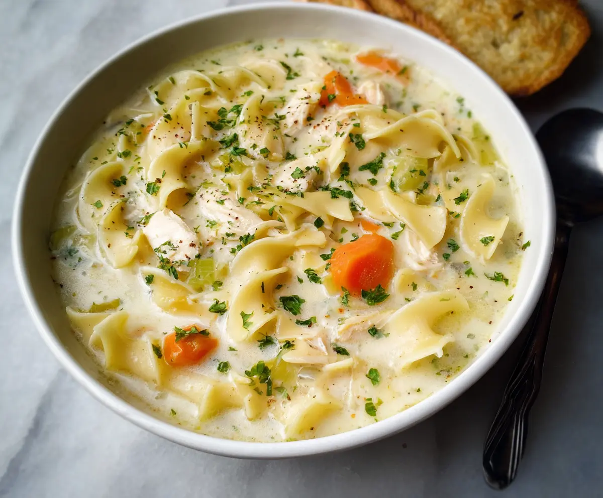 Bowl of easy creamy chicken noodle soup with tender chicken, noodles, and herbs for a comforting meal