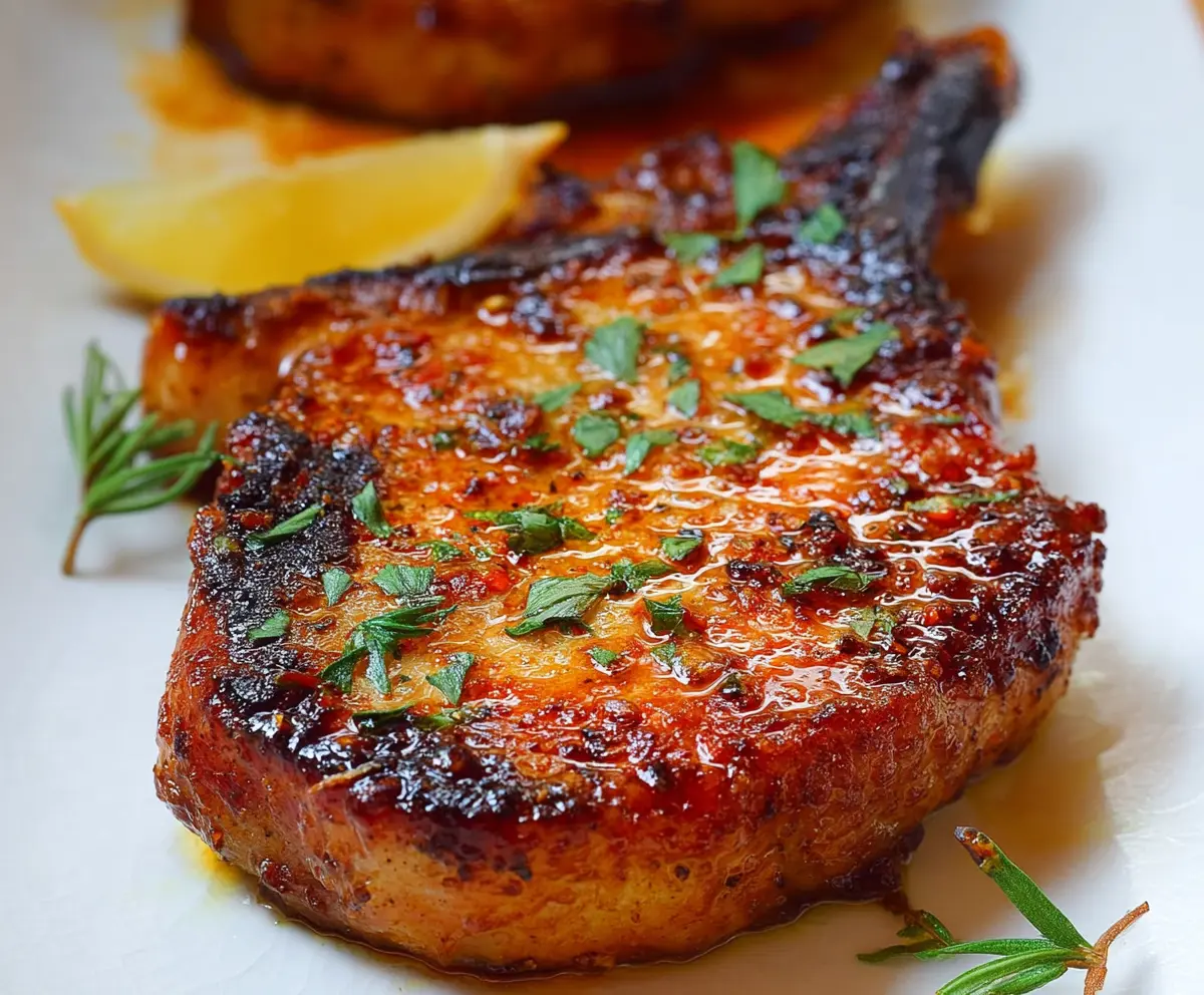 Delicious oven-baked pork chops garnished with herbs served on a white plate.