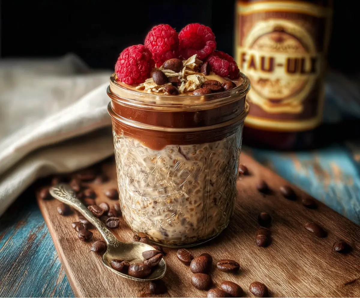 Creamy Faux Joe Coffee Overnight Oats in a glass jar topped with cocoa powder and coffee beans.