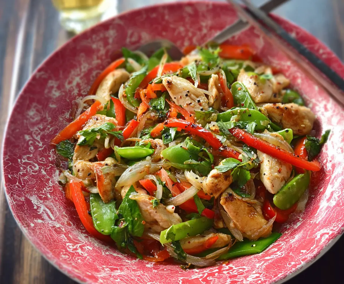 Delicious garlic chicken stir fry with colorful vegetables served in a bowl