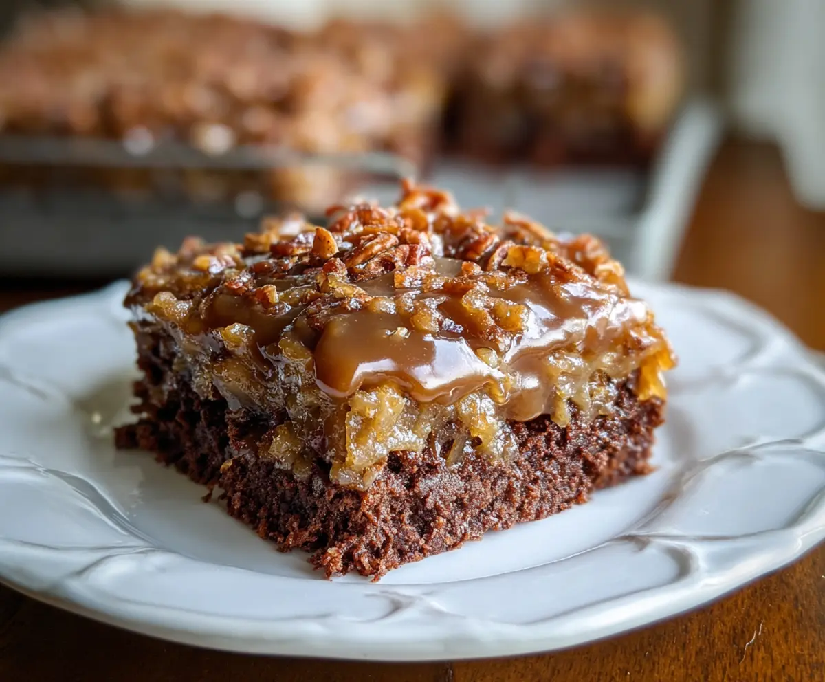 Delicious German Chocolate Sheet Cake with rich chocolate frosting and coconut pecan topping