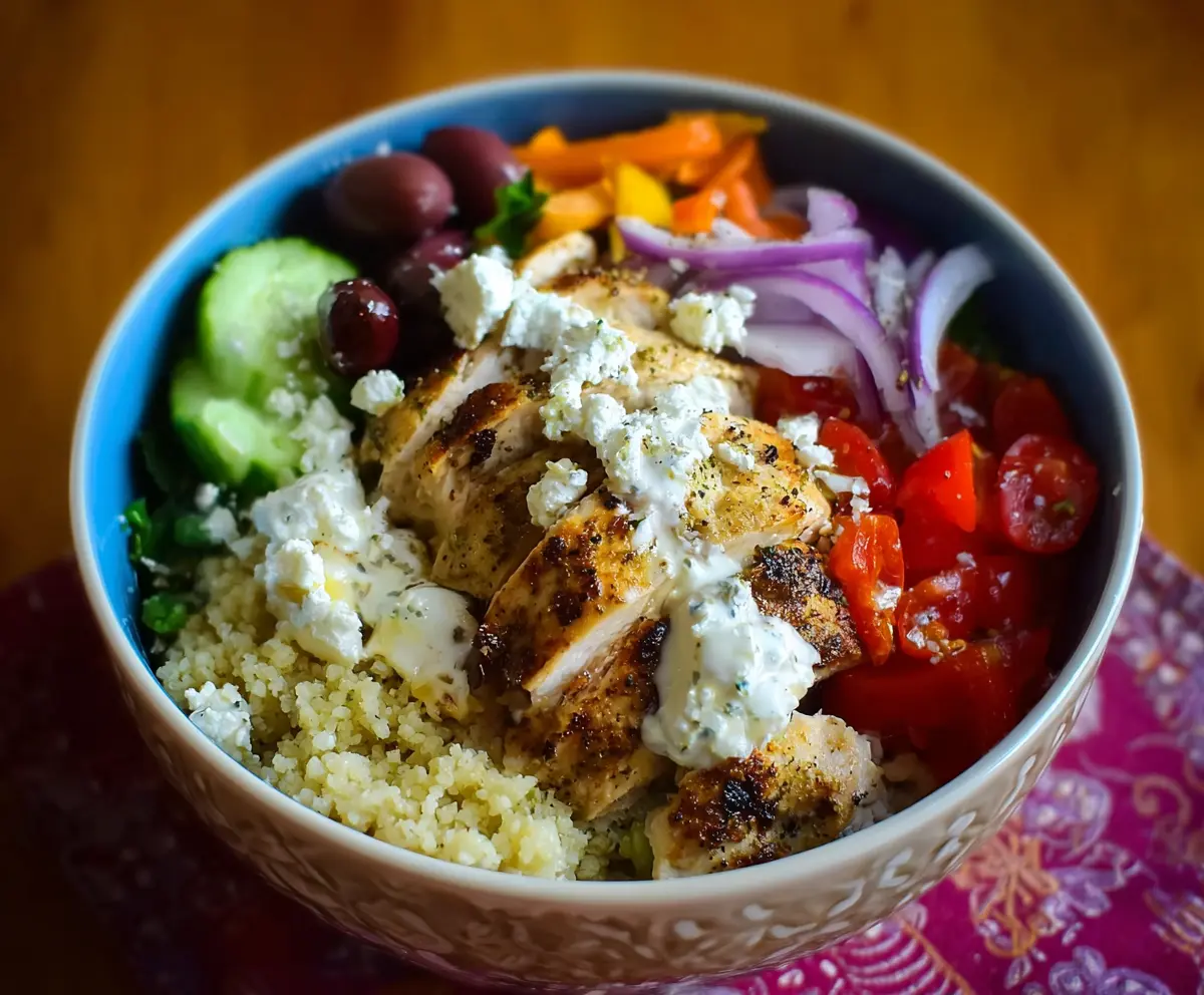 Delicious Greek Chicken Bowl with fresh vegetables, herbs, and lemon on a rustic wooden table.