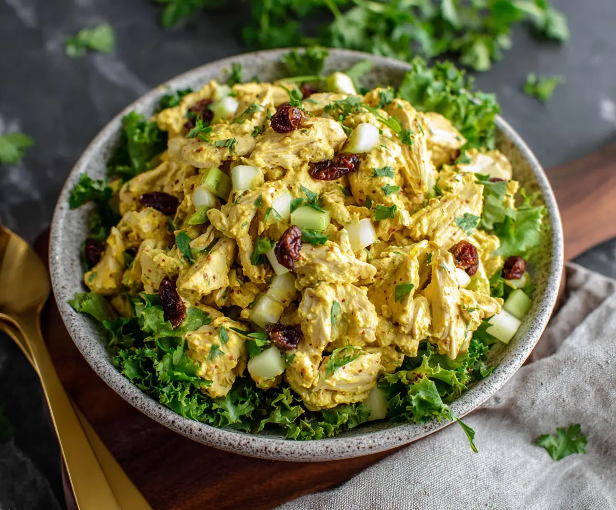 Delicious Greek Yogurt Curry Chicken Salad served in a bowl, garnished with fresh herbs.