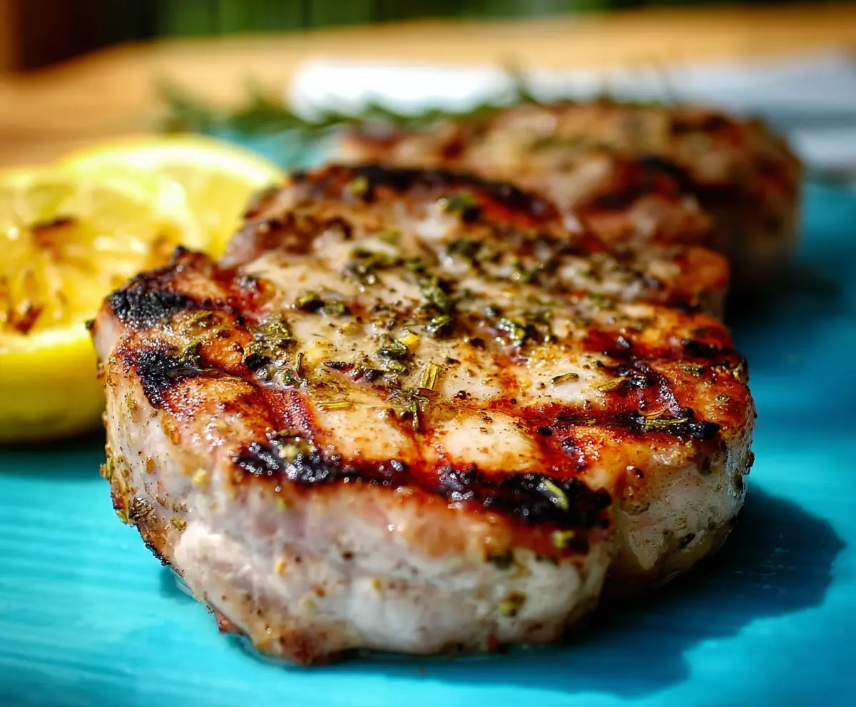 Juicy grilled lemon herb pork chops served with fresh herbs on a plate.