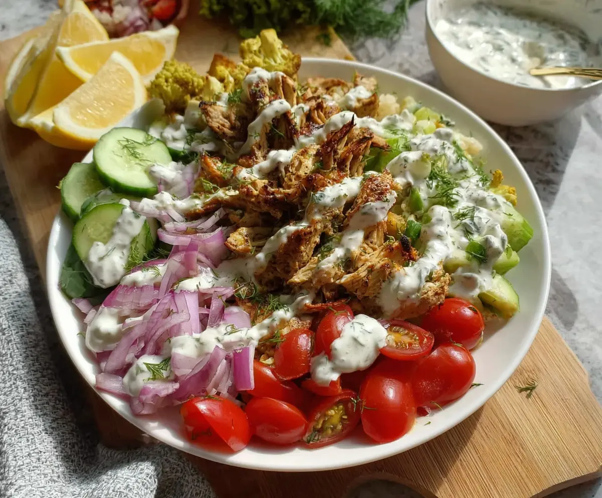 Healthy Chicken Shawarma Bowls with fresh vegetables and herbs served in a bowl.