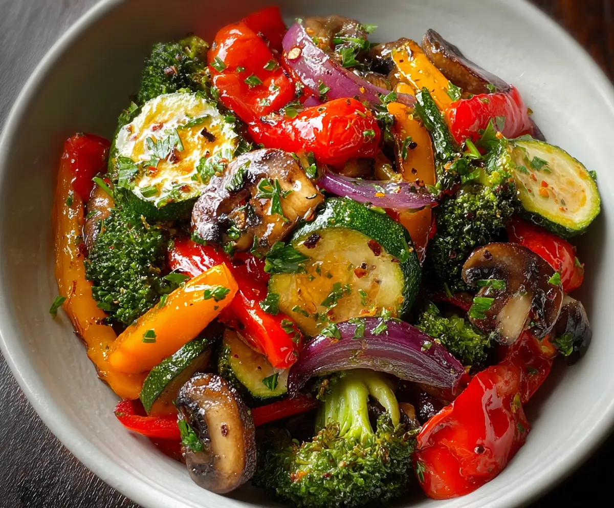 Colorful healthy sautéed vegetables featuring bell peppers, zucchini, and carrots on a white plate.