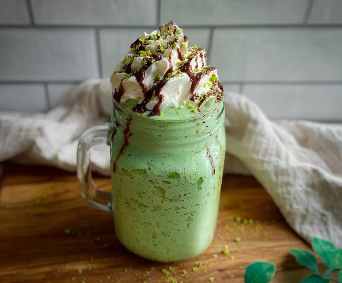 High protein shamrock shake with whipped cream and green food coloring, perfect for St. Patrick's Day.