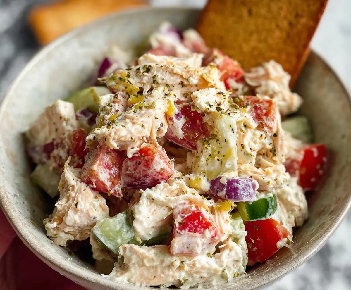 Italian Grinder Chicken Salad with fresh vegetables and melted cheese served in a sandwich bun.