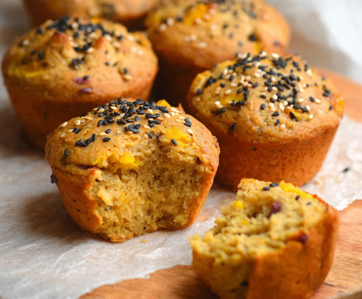 Delicious Japanese sweet potato and sesame muffins on a rustic plate, showcasing golden-brown crust and crunchy sesame seeds.
