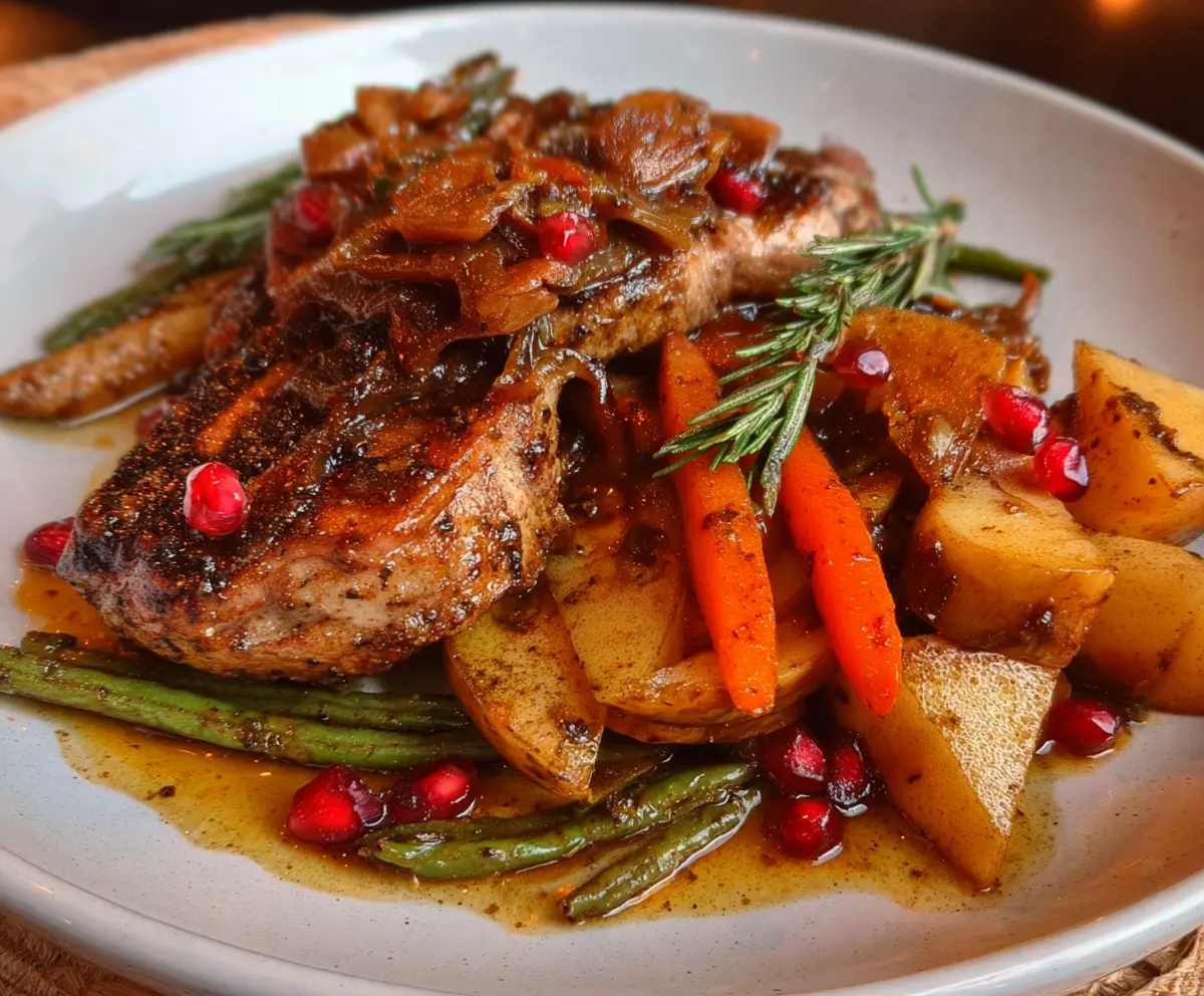Delicious Mediterranean pork paired with fresh apples on a rustic plate.