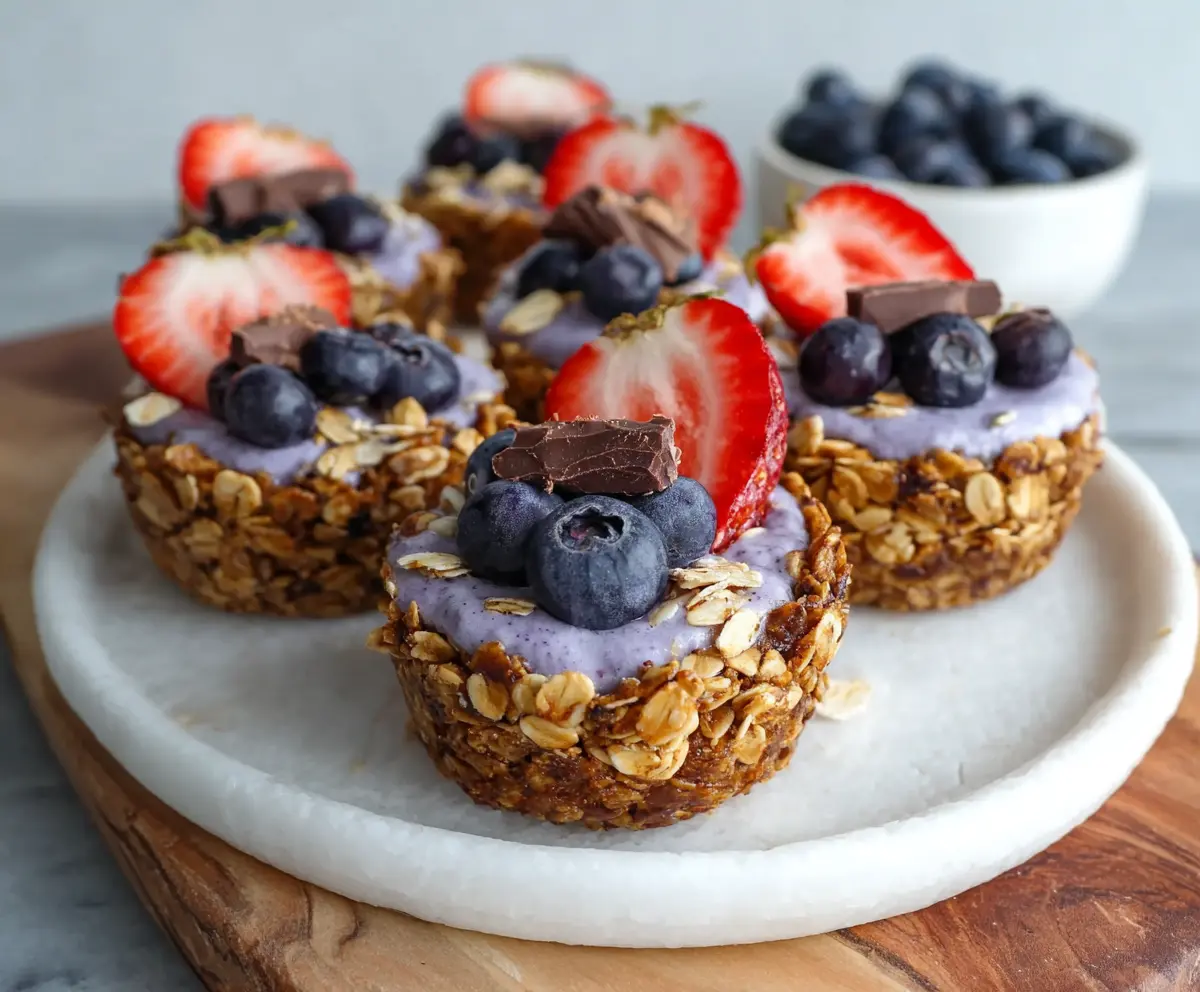 Delicious oatmeal cups topped with acai yogurt and fresh berries for a healthy breakfast.
