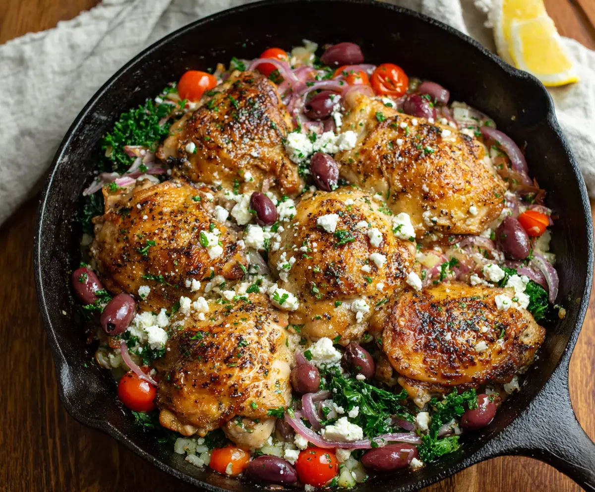 Delicious Skillet High Protein Greek Chicken Recipe garnished with fresh herbs on a rustic plate.