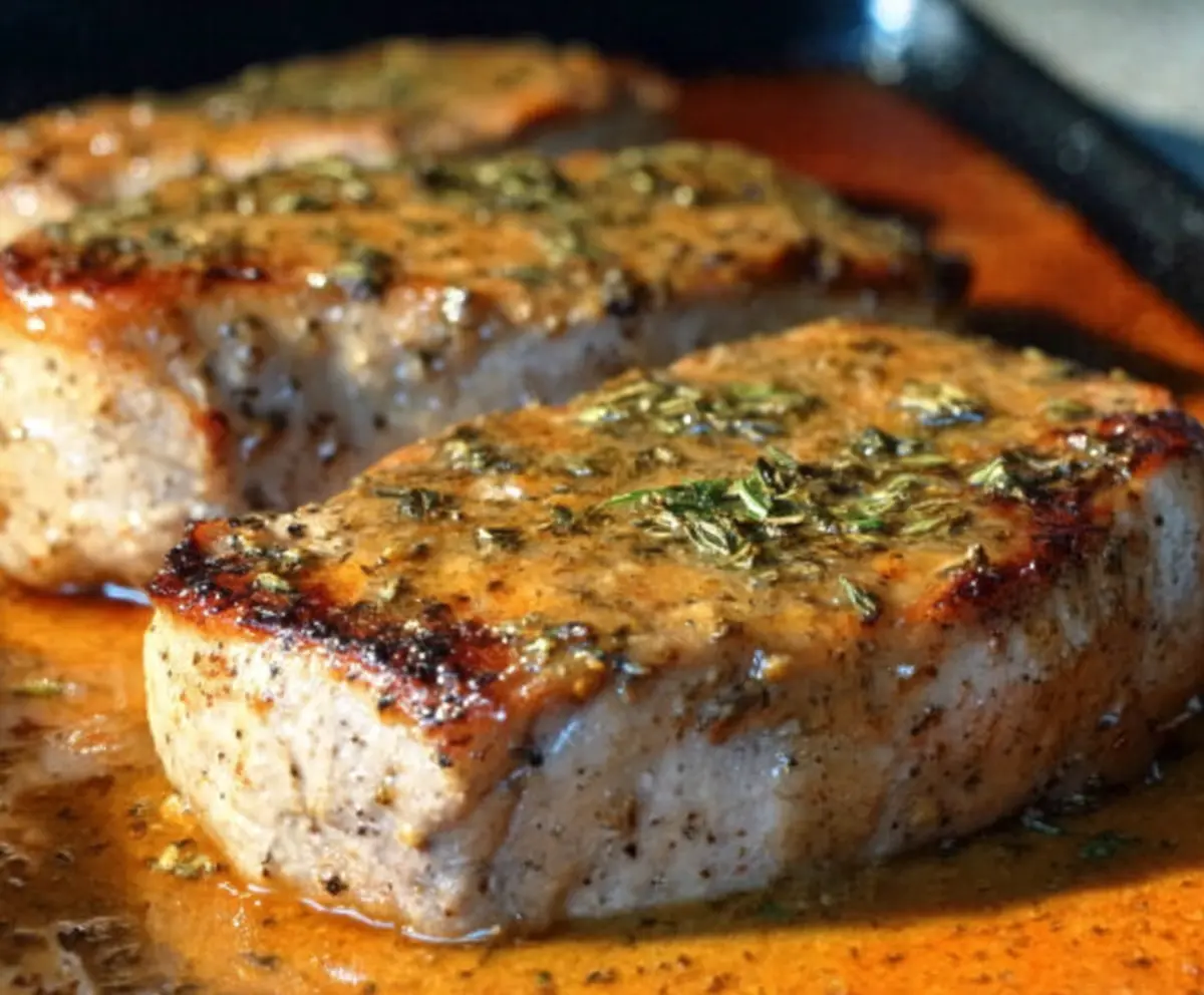 Juicy oven-baked ranch pork chops served on a plate with fresh vegetables