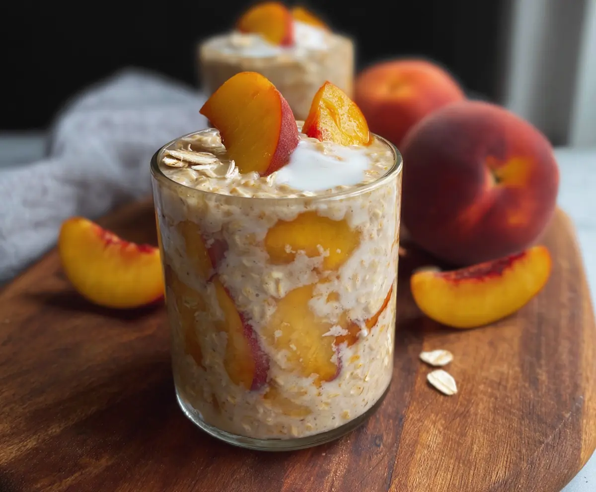 Creamy peaches and oats breakfast in a glass jar topped with fresh peach slices.