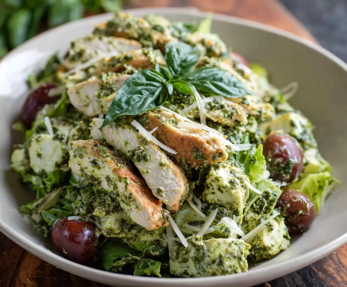 Fresh pesto chicken salad with leafy greens and cherry tomatoes on a white plate